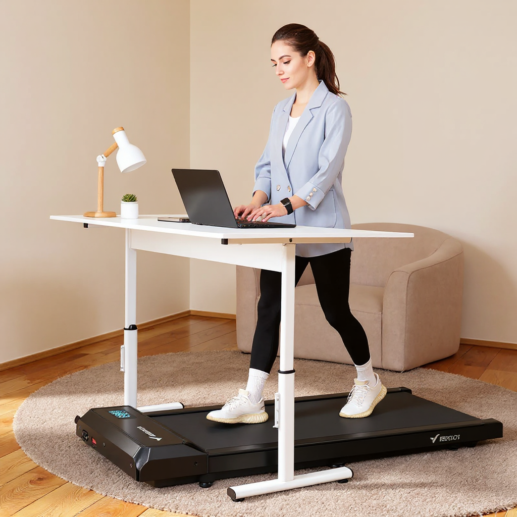 Travail debout sur tapis de marche au bureau.