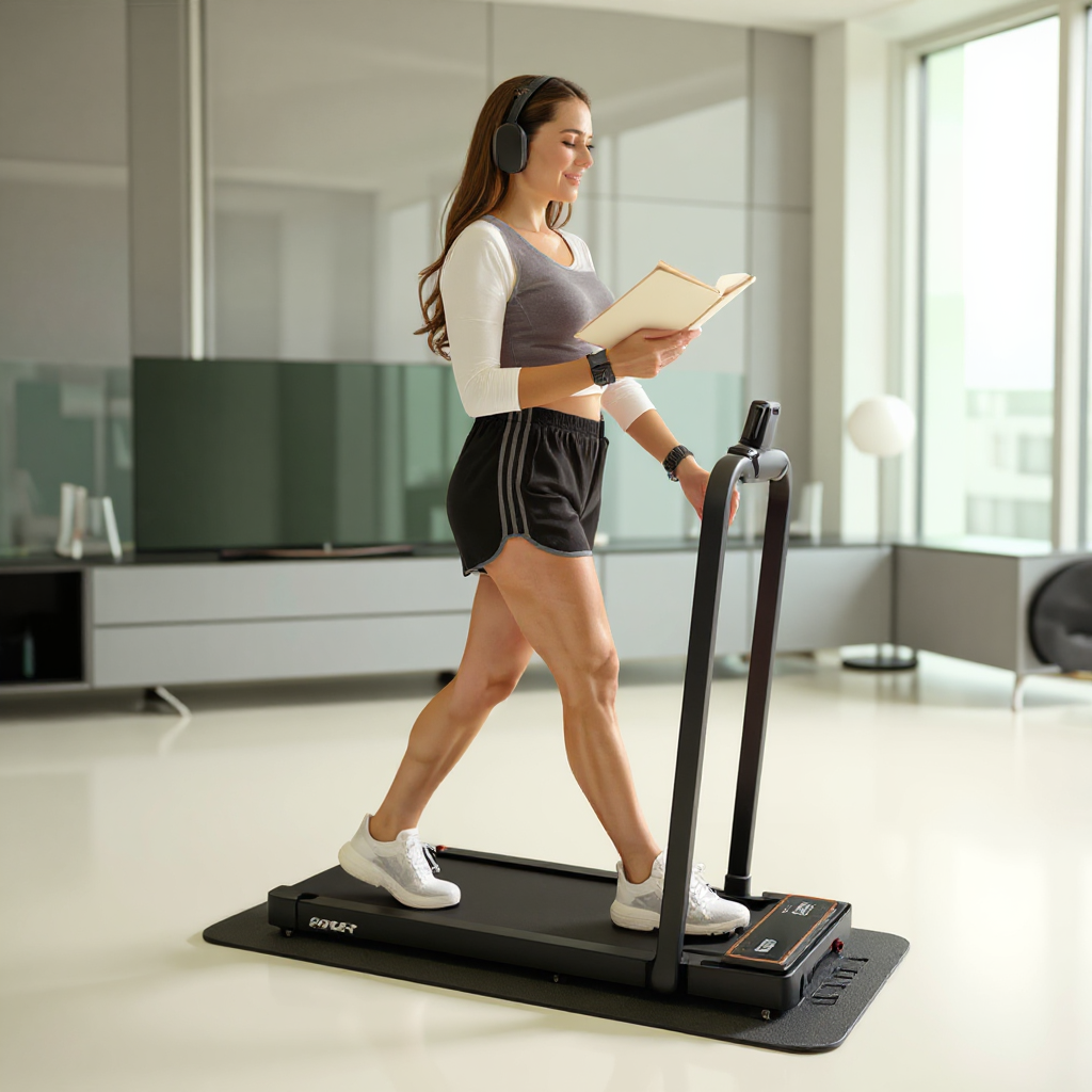 Sportive brûlant des calories sur un tapis de marche compact et pliable.