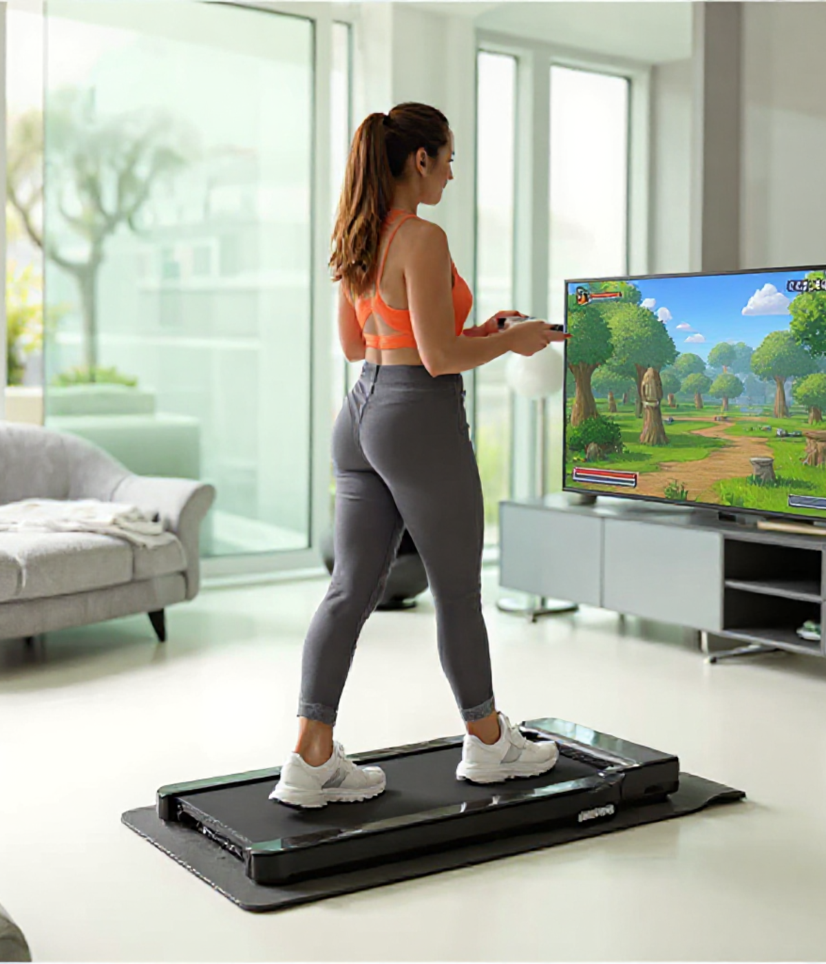 Femme marchant sur un petit tapis de marche maison en jouant aux jeux vidéo.