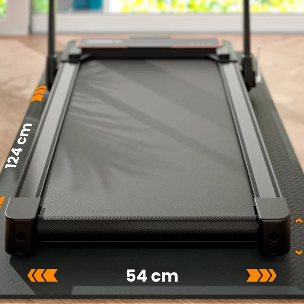 Vue complète du tapis de marche compact électrique.