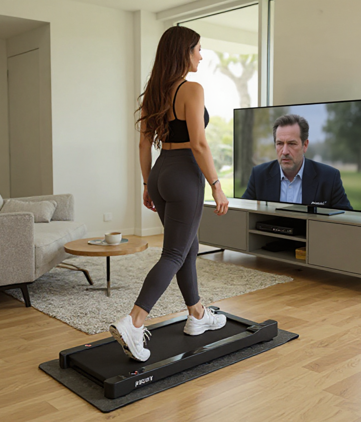 Femme utilisant un tapis de marche electrique tout en regardant la télévision.